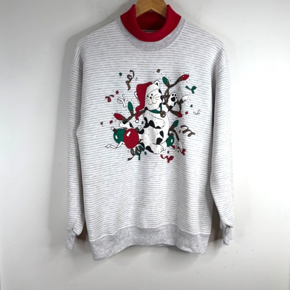 VTG 90s Christmas Cat Turtleneck Sweatshirt L Gopher Ugly Xmas Sweater Crazy Cat - Picture 1 of 10